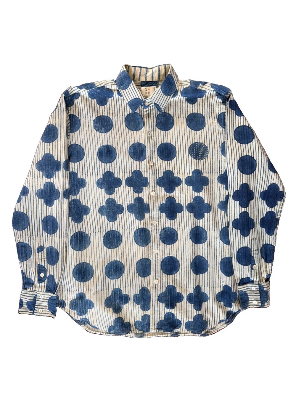 Studio KIBUN Neem Shirt Blue Geometric Print Button-Up Long Sleeve Size L/XL